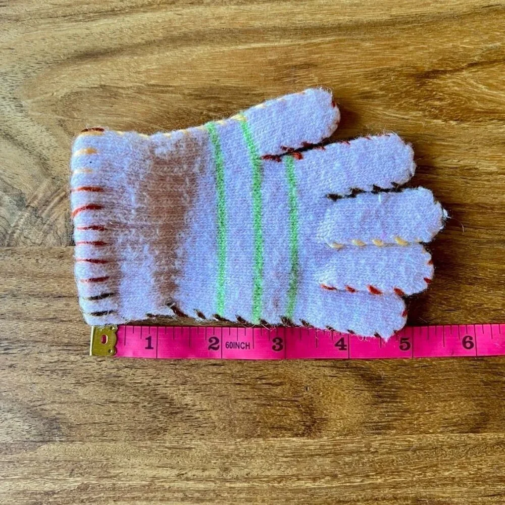 Children's Knitted Pink Gloves With Green Stripes & Colorful Stitching